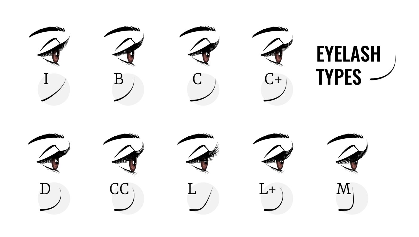 LAVISLASH. Eyelash types. Curved female eyelashes extension, various length and bend. Profile view of woman eyes with long fake lashes. Isolated models of face makeup. Vector beauty salon service